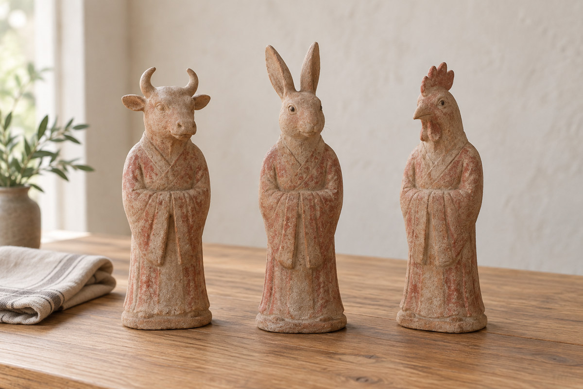 Rabbit, ox, and rooster heads on three robed clay figurines