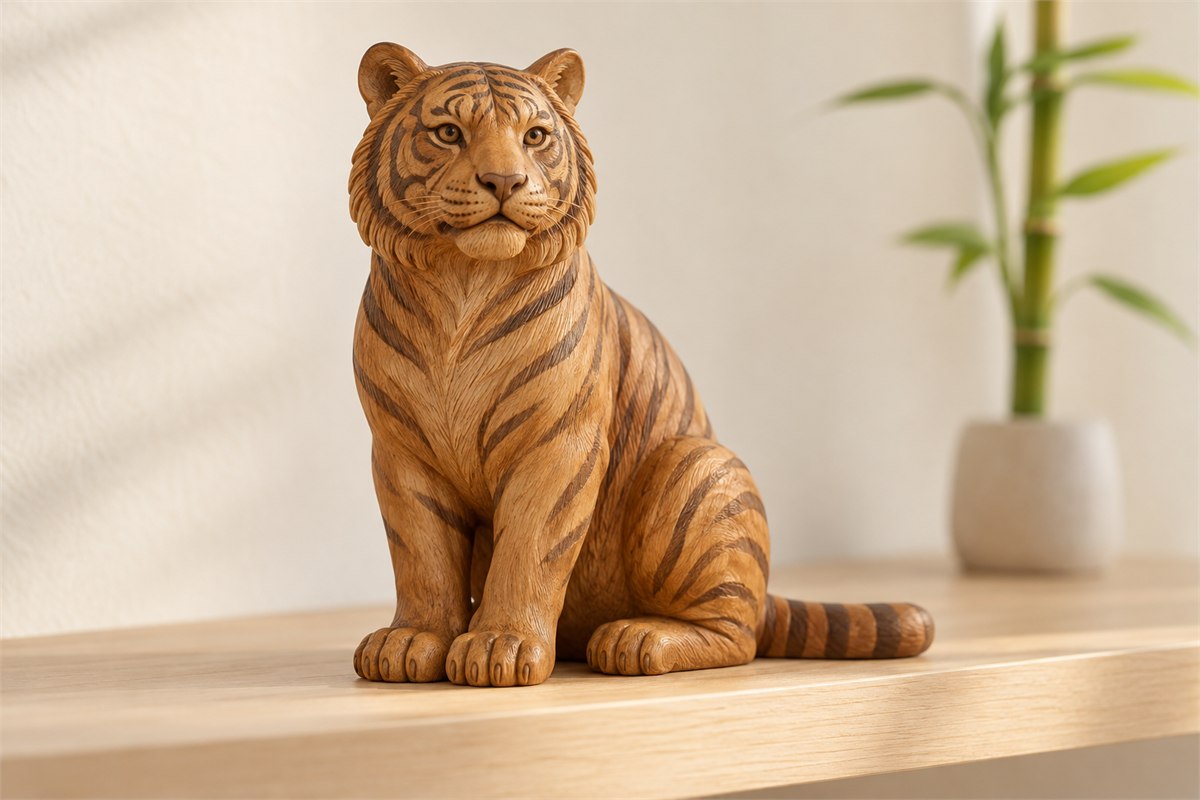 Seated wooden tiger carving with dark stripes and a curled tail beside soft green foliage.
