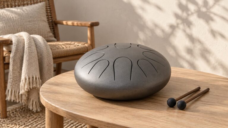 A steel tongue drum and soft mallets sit beside a comfortable chair in a quiet room.