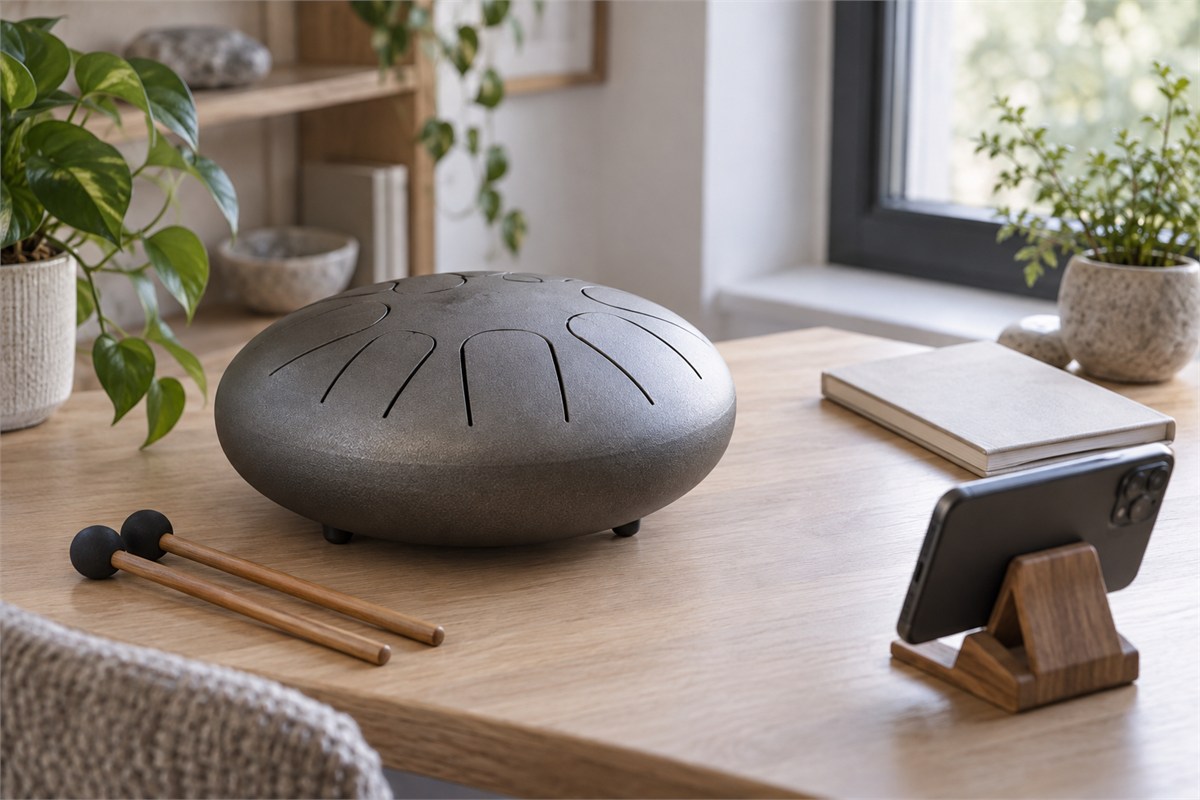 A phone rests beside a tongue drum and two soft mallets on a small practice desk.