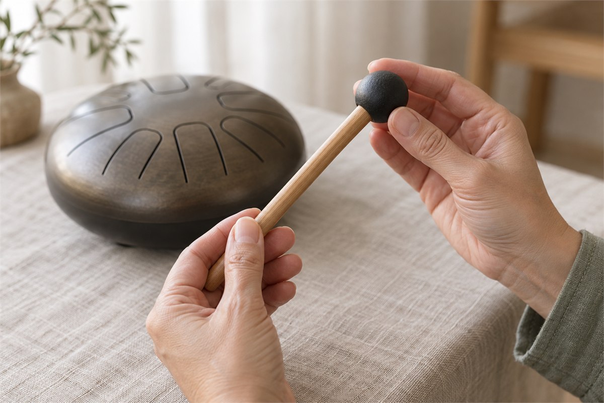 Adult hands inspect the joint between a wooden mallet handle and its rubber head.