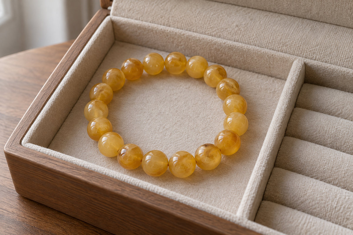 Honey-colored bead bracelet resting in a soft-lined jewelry compartment