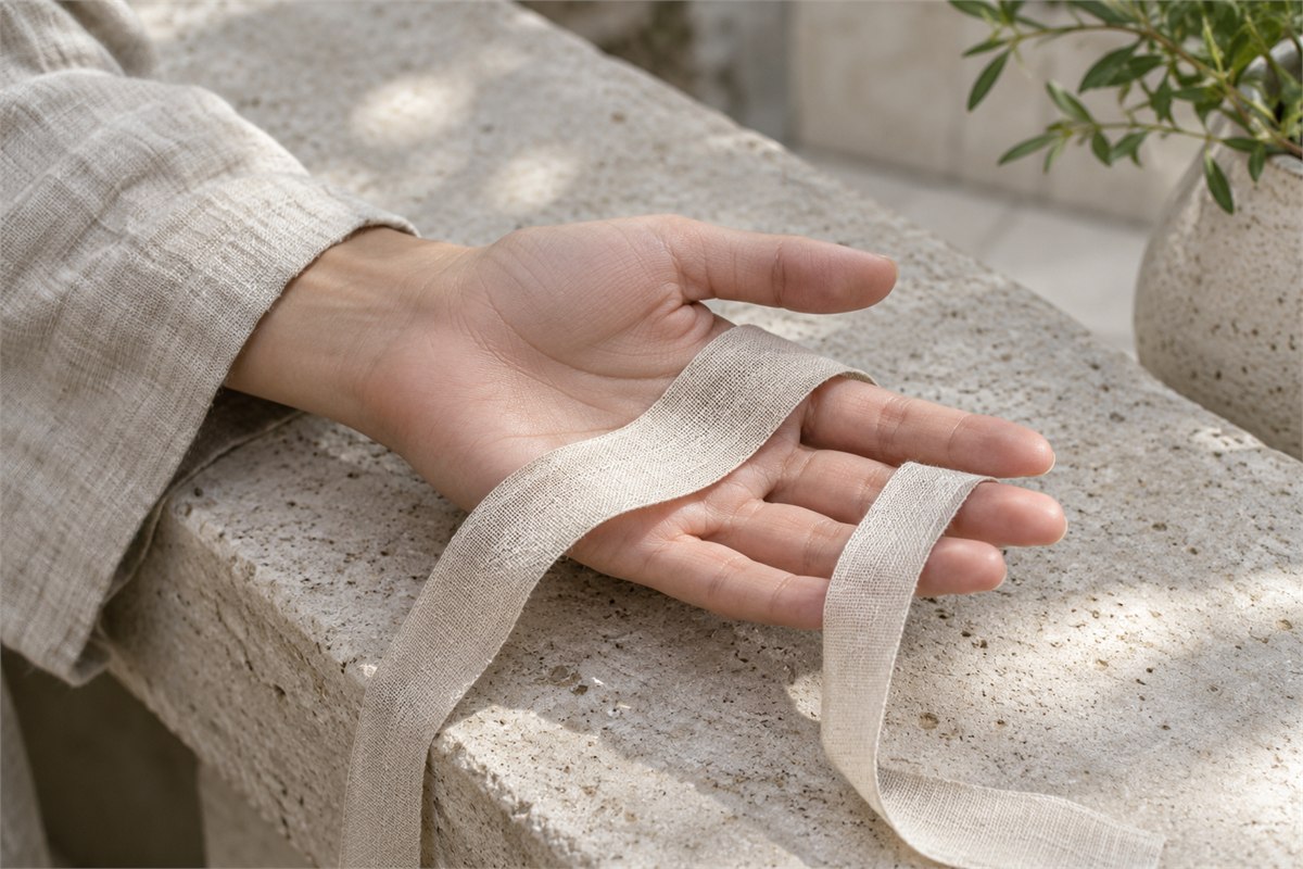 An open hand lets a loose linen ribbon rest freely in the palm.