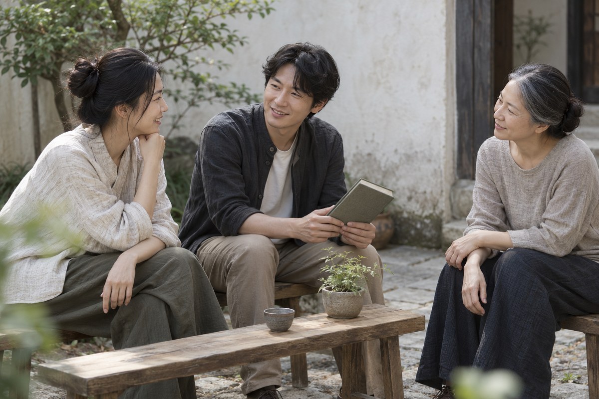 Three readers discuss a closed book beside an old courtyard wall.