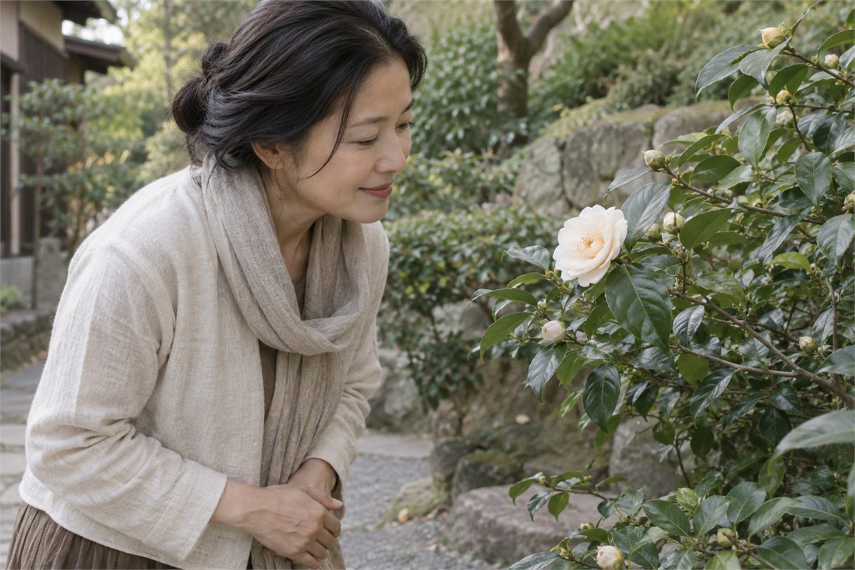 An adult admires a pale flower still growing on its stem in a garden.