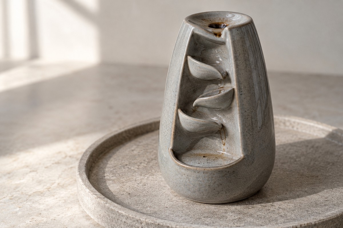 A cooled empty burner with a small brown deposit at the inlet and light residue on a ledge.