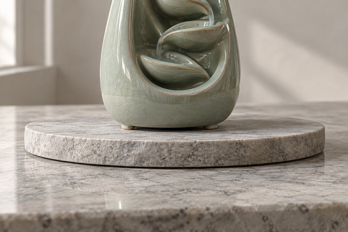 The feet of a ceramic burner resting evenly on a flat stone slab.