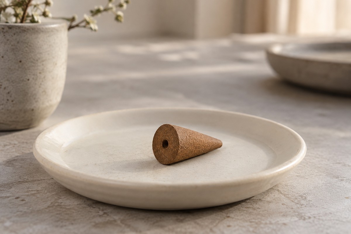 One unlit brown incense cone resting sideways on pale ceramic, showing the circular opening in its flat base.