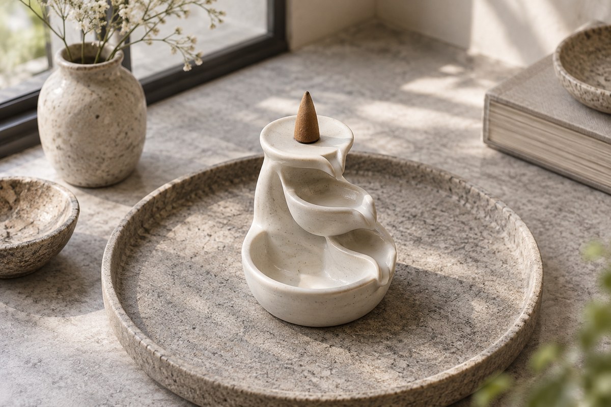 An unlit cone seated upright over the central inlet of a ceramic backflow burner.