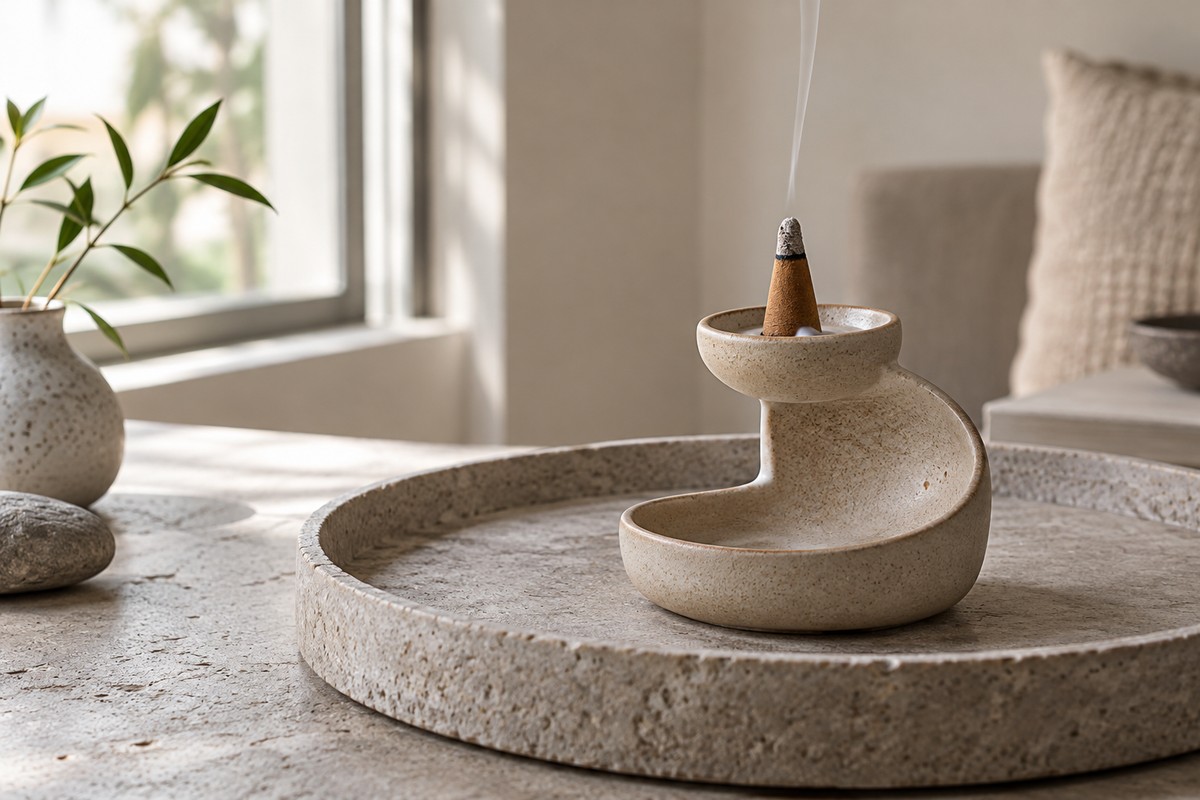 A brown incense cone on a glazed ceramic seat with a delicate upward wisp and no visible lower cascade.