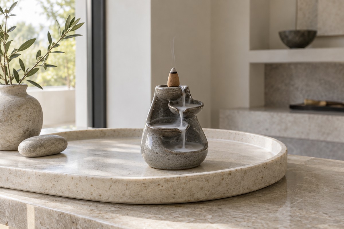 A muted grey ceramic cascade burner holding one small brown smoldering cone on a pale stone tray, a thin ribbon of smoke following three ledges.