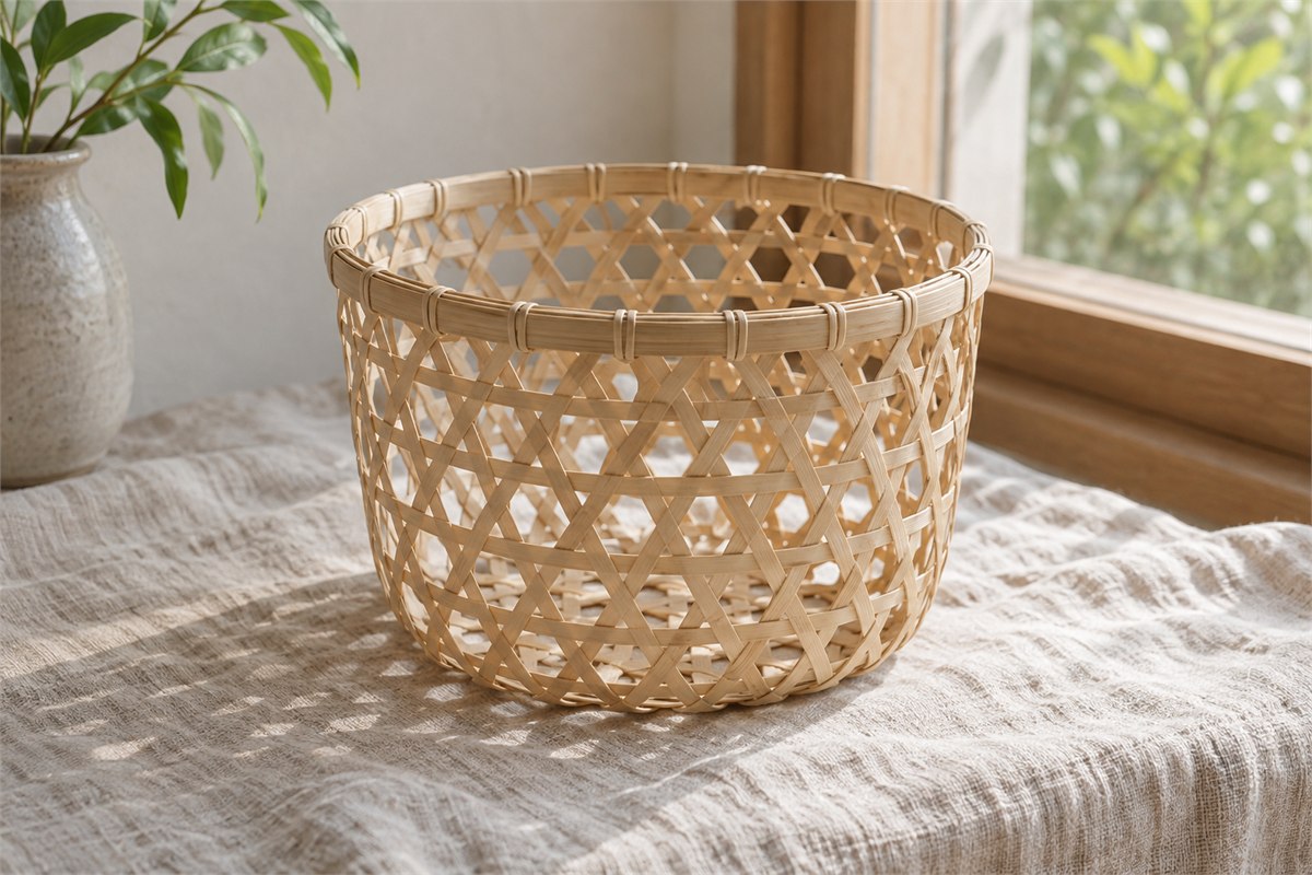 A simple open-weave bamboo basket rests on a pale linen surface.