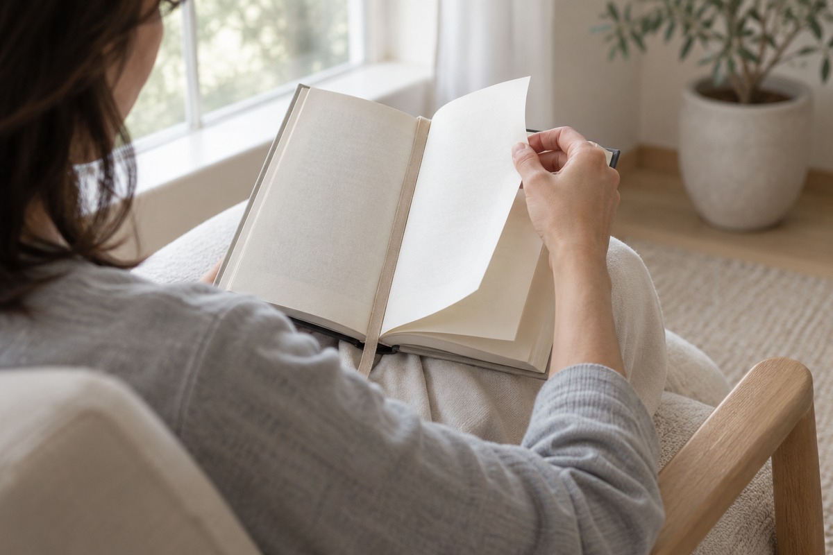 A reader turns a page beside a simple cloth bookmark.