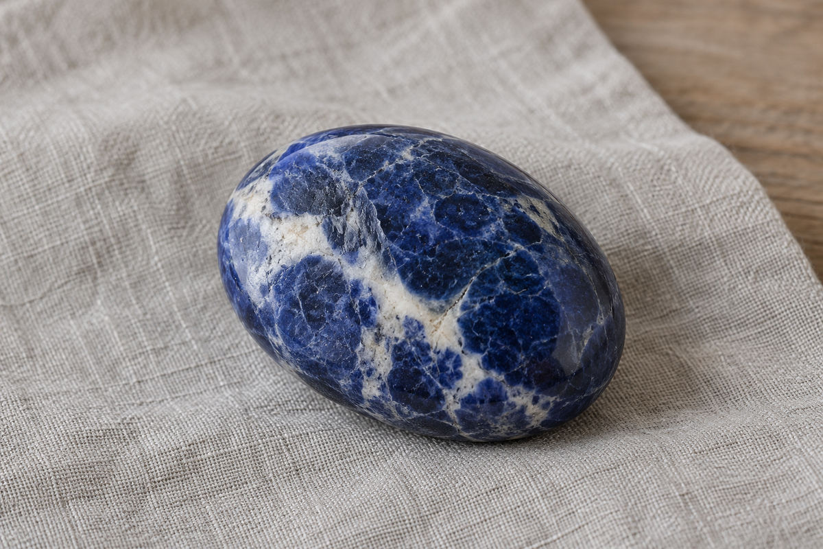Close view of a polished deep blue stone with white mineral veins
