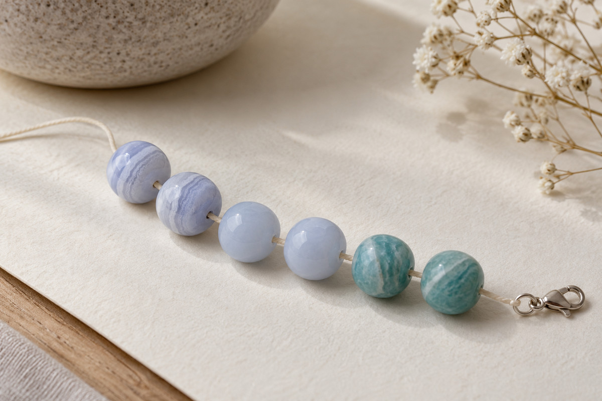Pale blue banded and blue-green beads alongside a silver-colored clasp