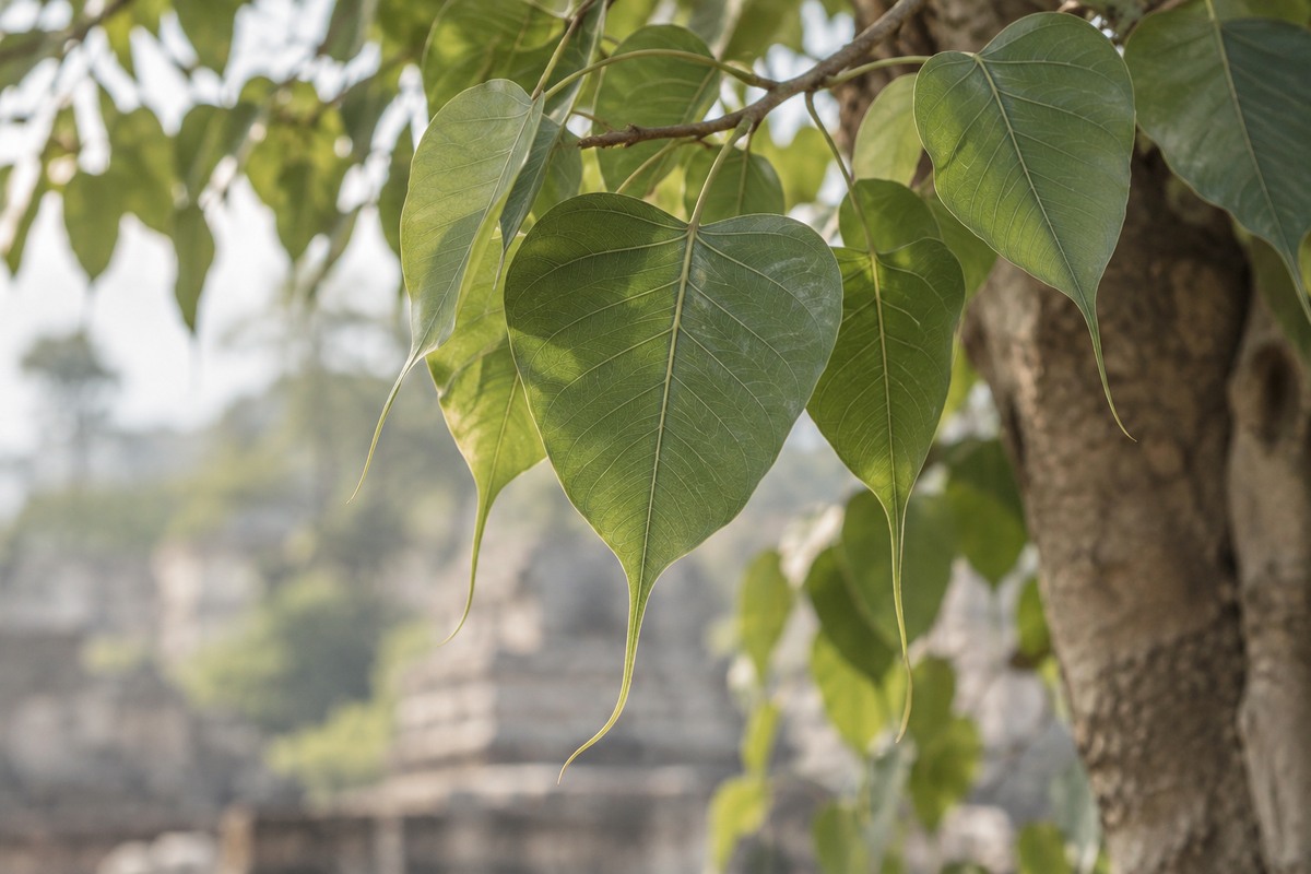 Heart-shaped Bodhi leaves with long tapering tips on a living branch.