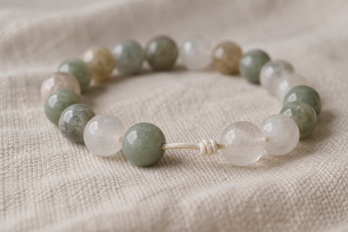 Close view of a bracelet cord knot and smooth drilled bead holes