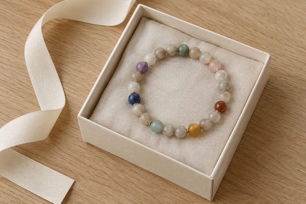 A multicolor bracelet in an unmarked cream gift box on soft linen