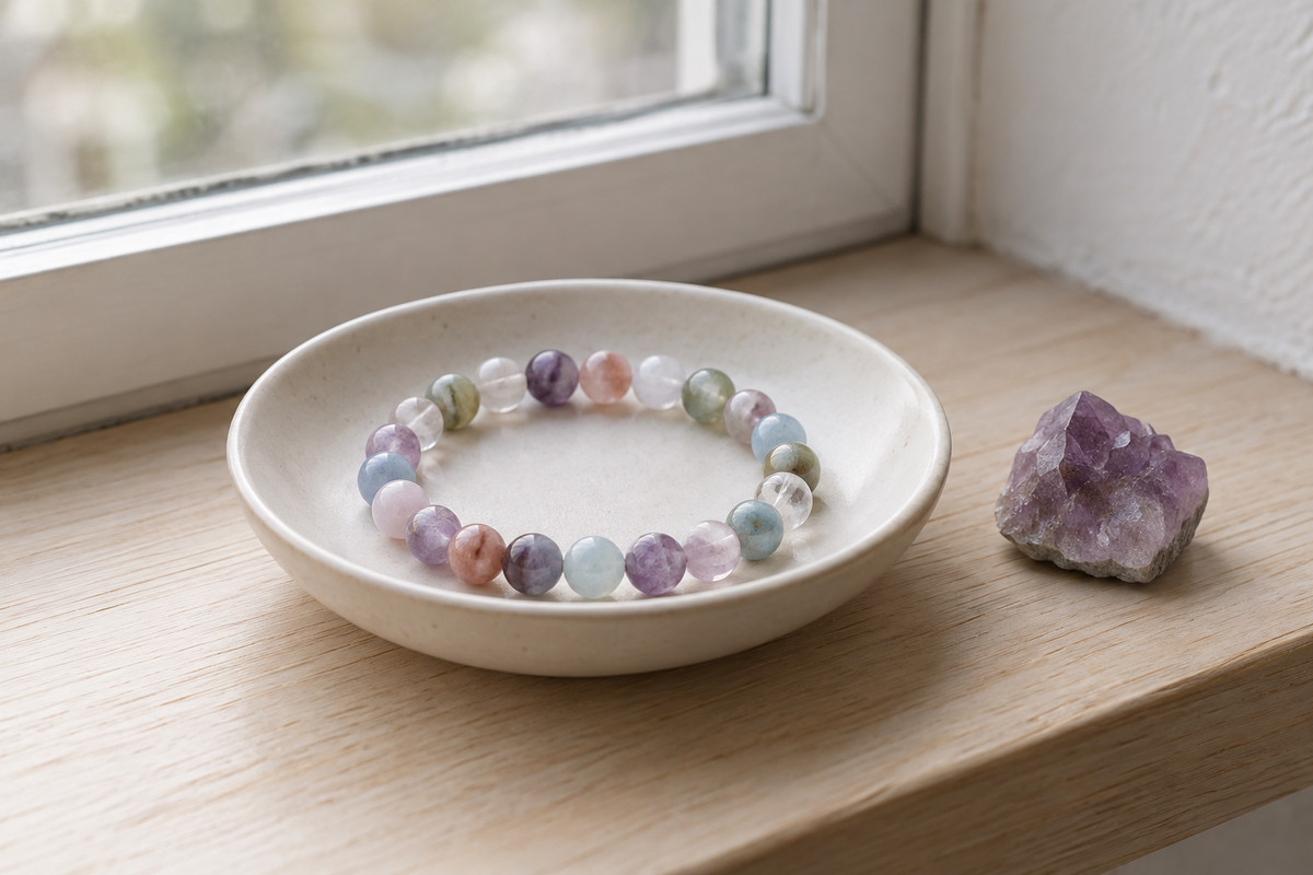 A bracelet resting in a dry ceramic dish beside a window and a separate crystal