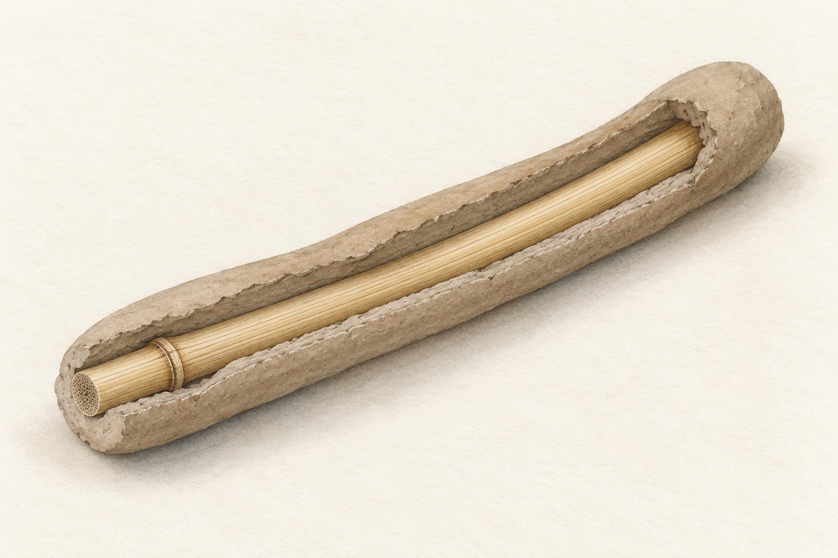 A cutaway drawing shows a pale bamboo rod running inside a beige clay core.