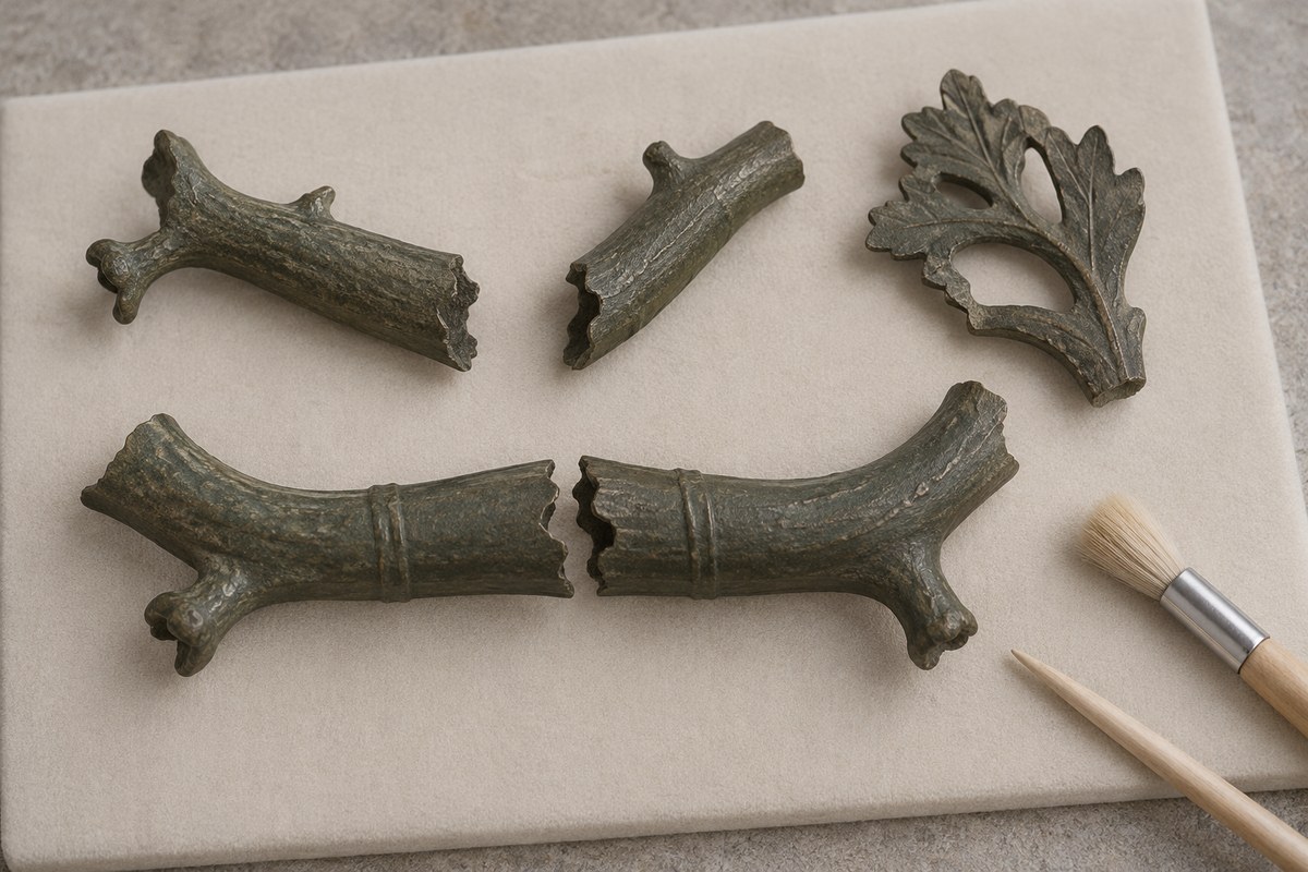 Five bronze-colored practice fragments on a padded mat with a brush and wooden stick.