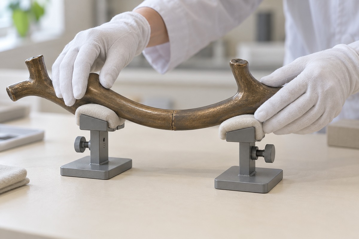 White-gloved hands steady a joined branch model on two padded supports.