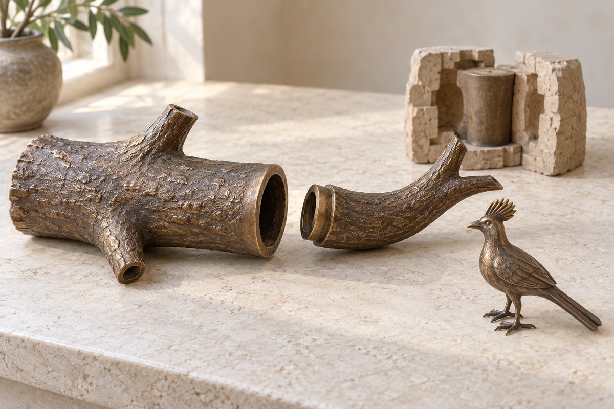 Separate bronze-colored trunk, branch and bird models beside an open clay mold.
