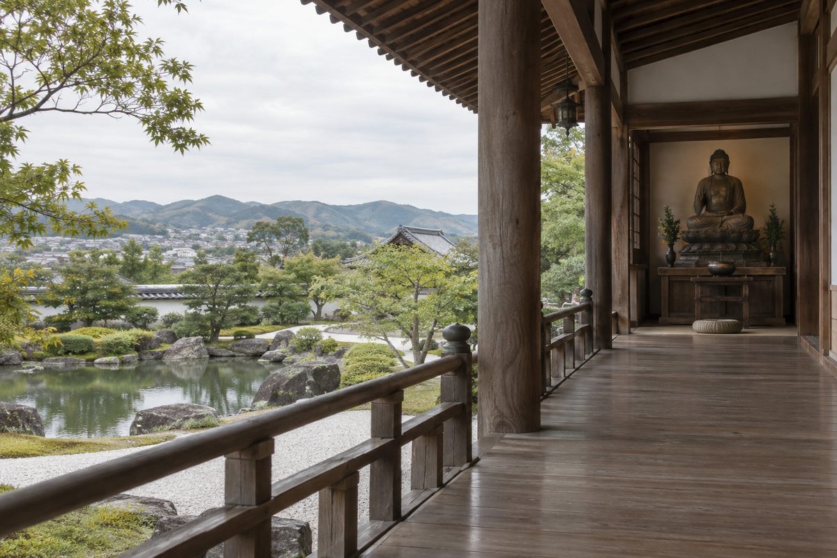 A quiet temple veranda overlooking a garden and distant low hills.