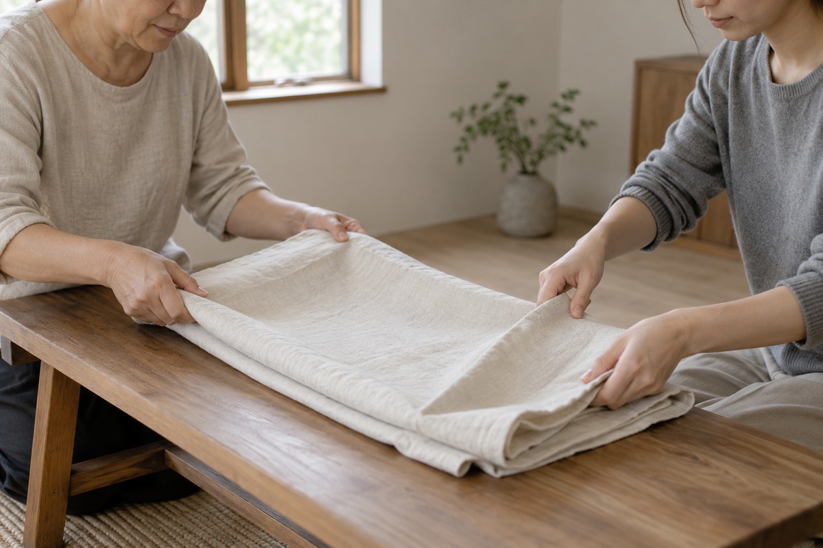 Two adults fold a cream cloth together beside a low wooden bench.