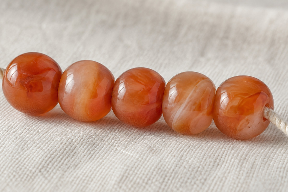 Close view of orange and apricot drilled beads on a continuous cord