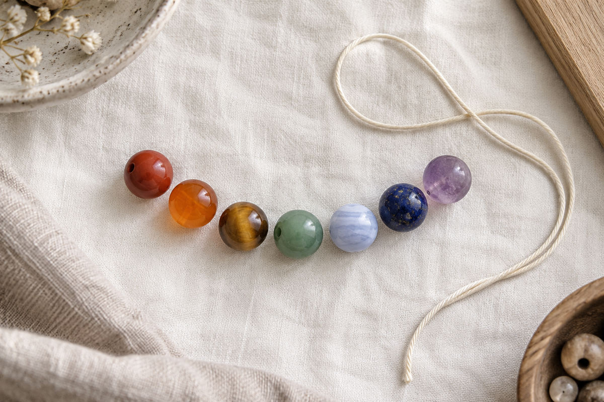 Seven colored drilled beads arranged in a loose curve beside ivory cord