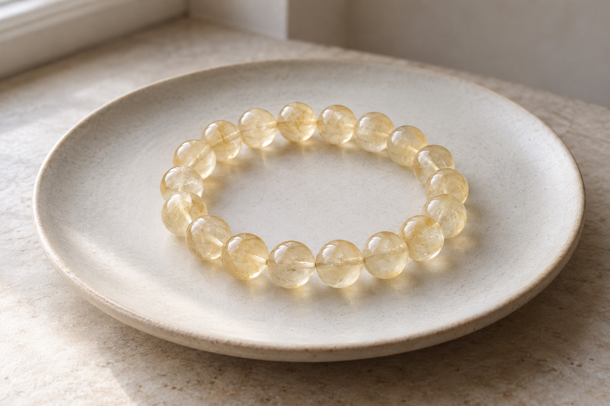 A pale yellow bead bracelet resting near a softly lit window