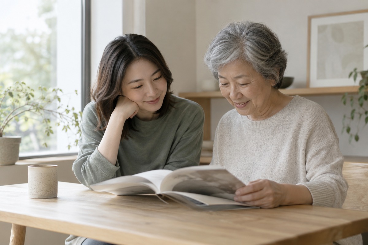 An older adult and a younger adult share an open book at a plain wood table.