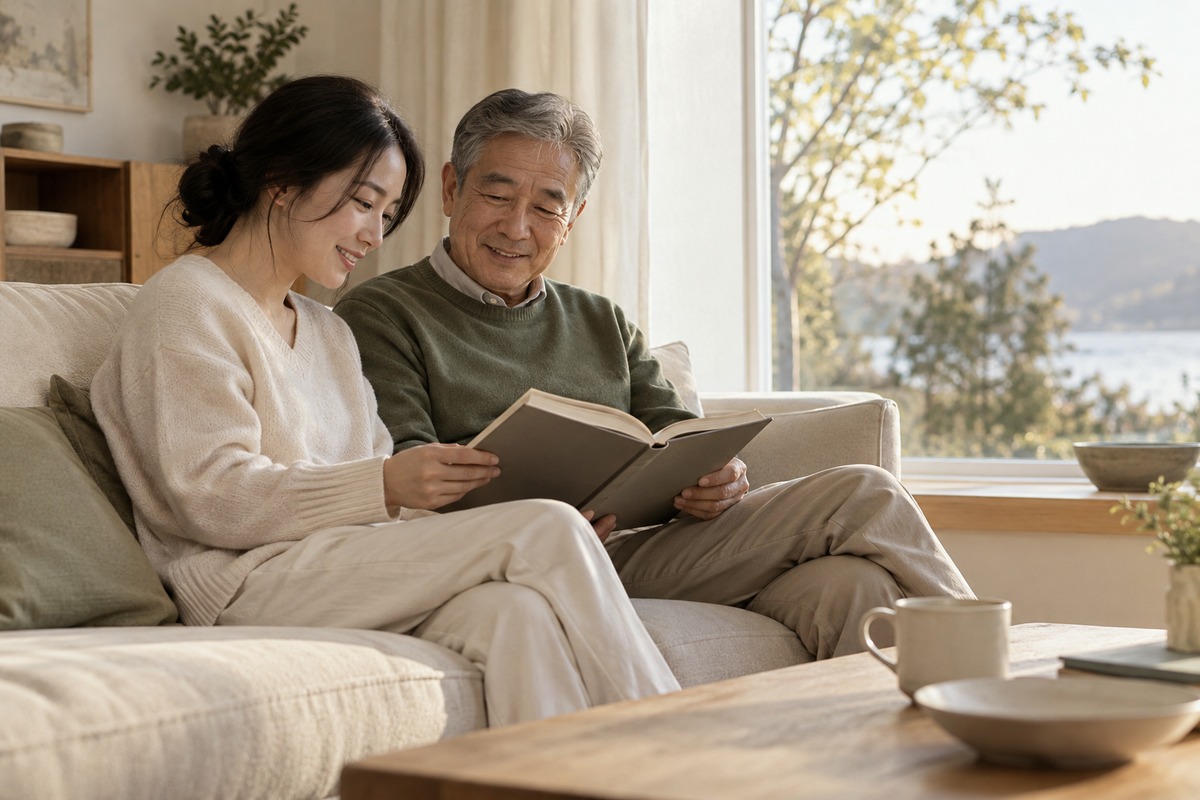 Two adults sit together with one open book near a softly lit window.