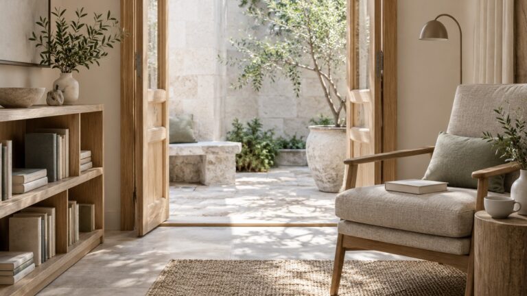 A quiet reading nook holds books beside an open view of a courtyard.