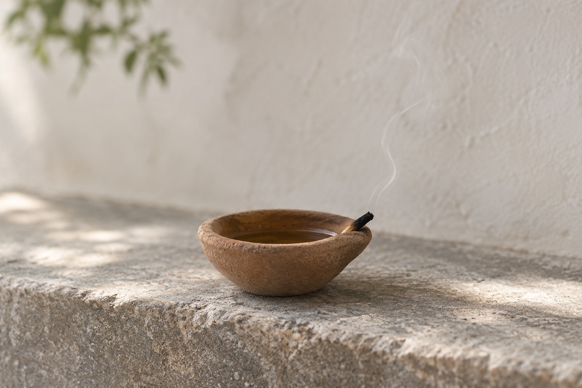 A small clay oil lamp with a dark extinguished wick on a stone ledge.