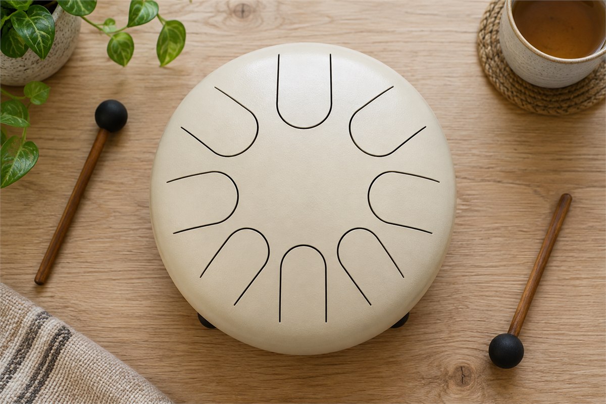 Overhead view of a cream steel tongue drum with eight cut tongues and two soft mallets.