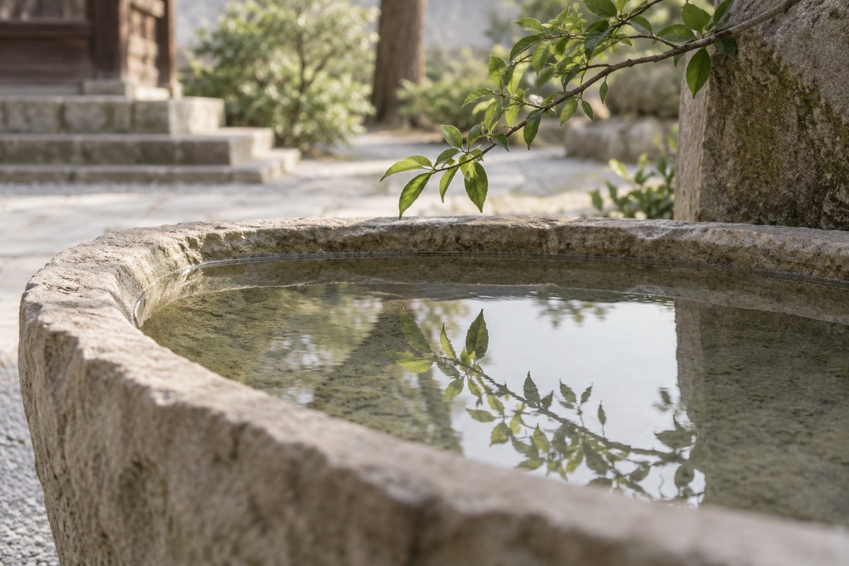 Still clear water reflecting a branch in a pale stone basin.