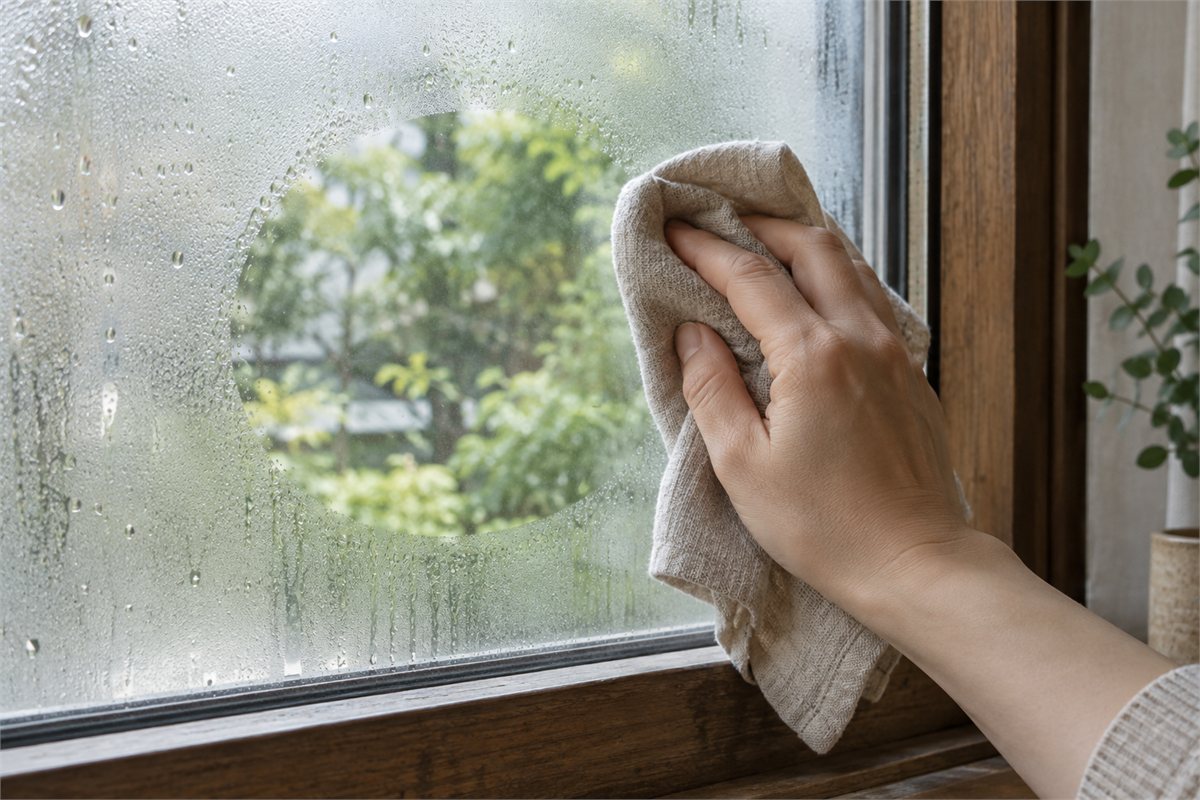 A hand wipes a small clear area in a misted window overlooking greenery.