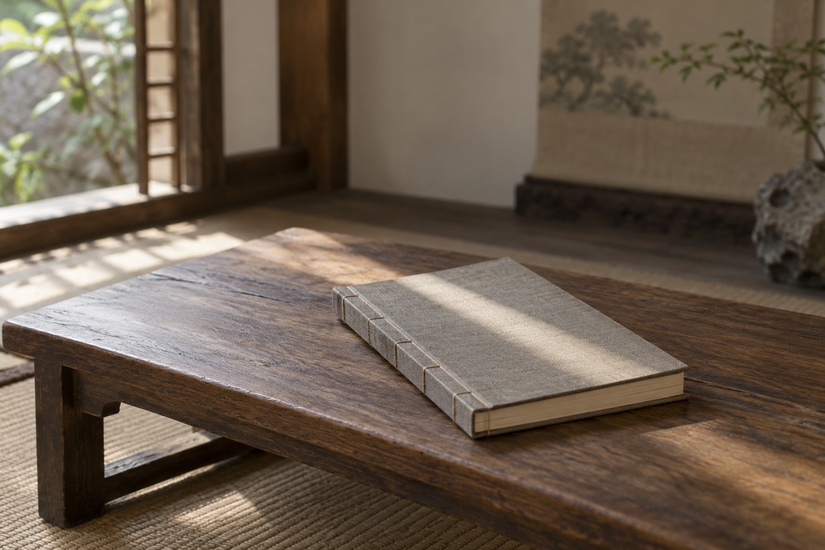 A plain cloth-covered stitched booklet on a wooden reading desk.