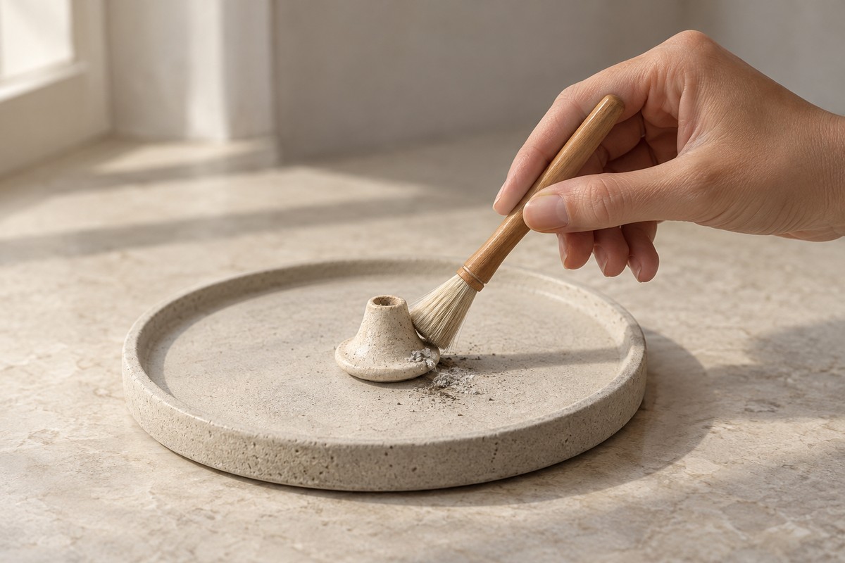 A hand using a small soft brush on an empty cooled ceramic incense seat.