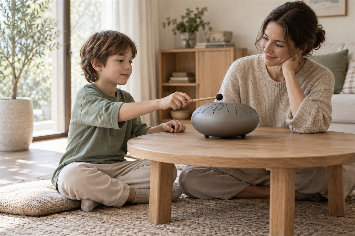 A child reaches a tongue drum with a soft mallet while a parent watches from beside a low table.