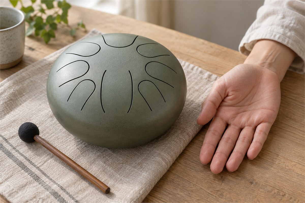 A compact sage steel tongue drum rests beside an adult’s open palm and a soft mallet.
