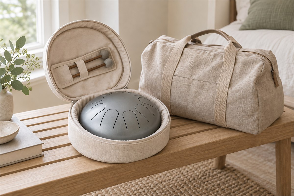 A compact drum rests inside an open padded case beside a travel bag.