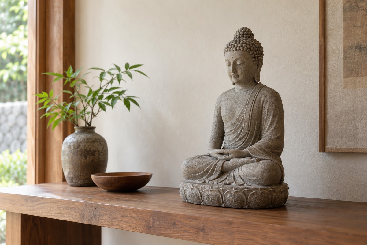 A gray stone seated Buddha sculpture on a simple wooden shrine shelf.