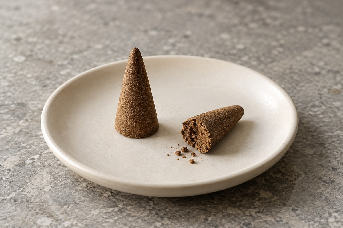 An unused brown cone with a cracked edge beside an intact cone on a ceramic dish.