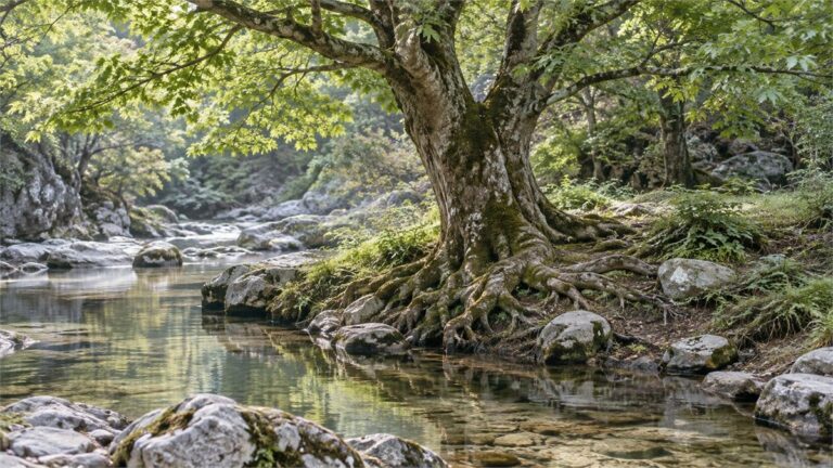 A mature tree beside a shallow stream with visible roots in moist soil and soft morning light.