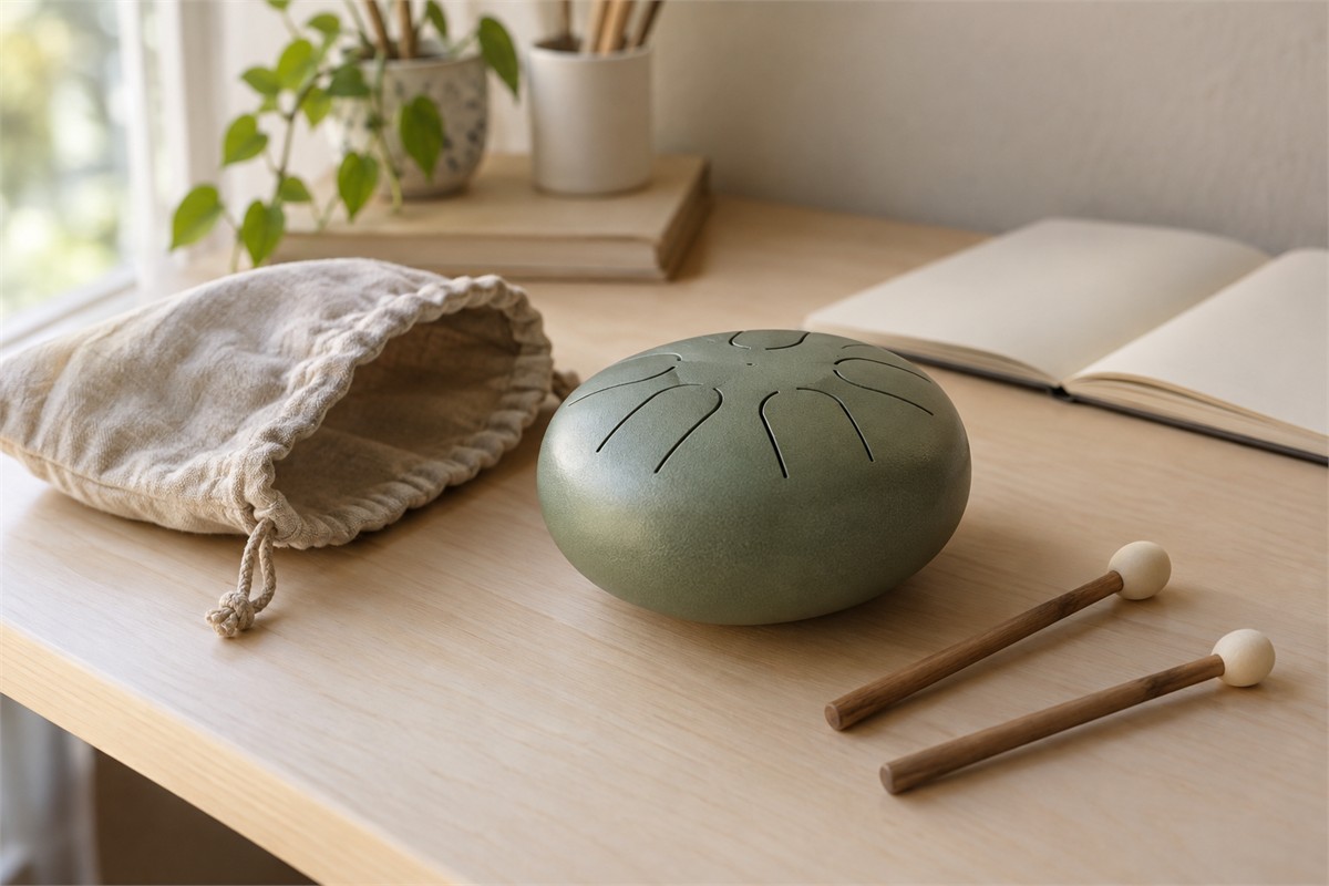Small sage steel tongue drum, soft mallets, and a fabric pouch on a pale desk.