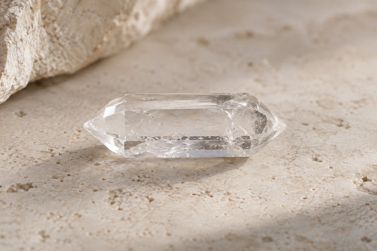 One clear double-terminated quartz crystal on a pale stone ledge