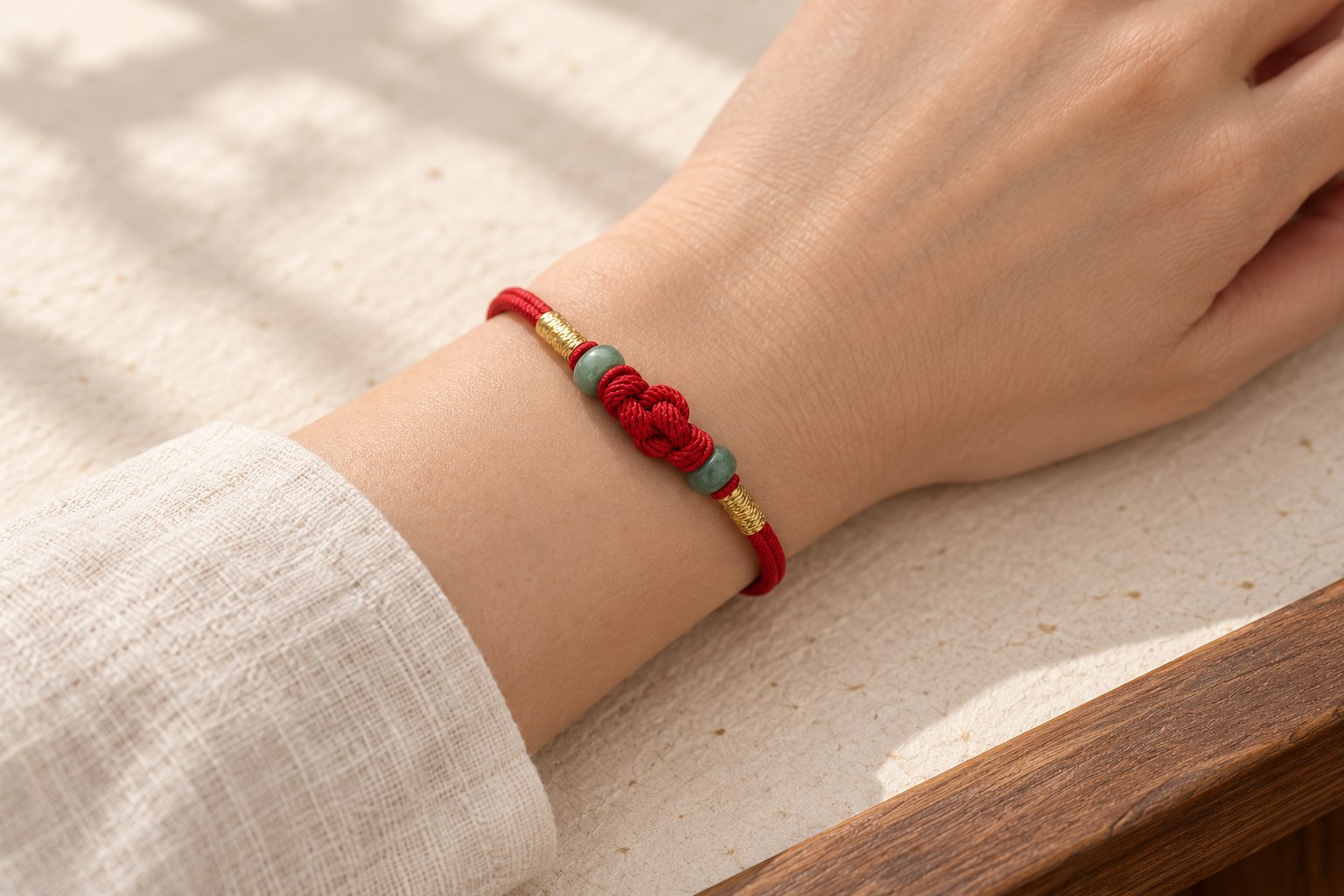 Red cord bracelet with a central knot, two green jade beads and gold-tone details worn on a wrist beside cream linen.